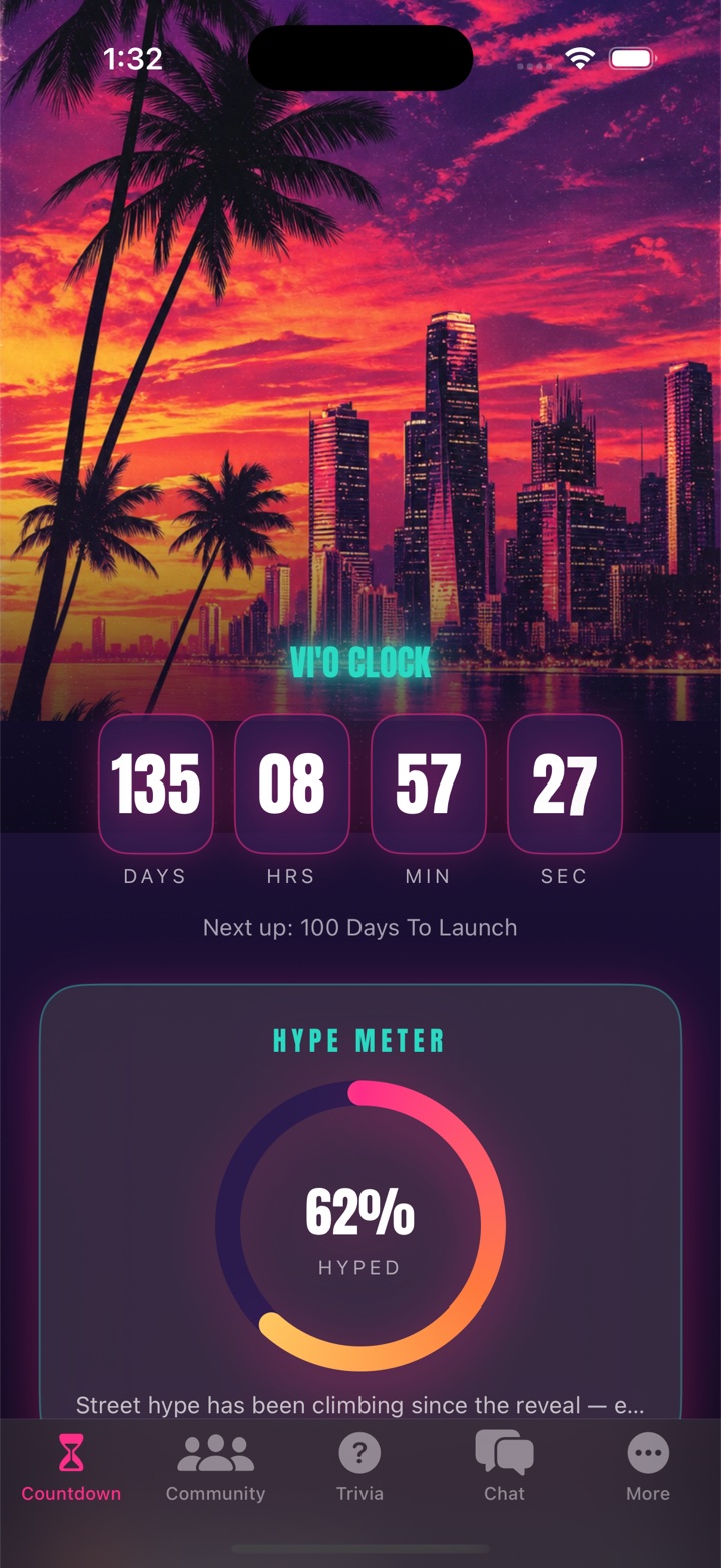 VI'O Clock countdown with a neon sunset skyline and hype meter