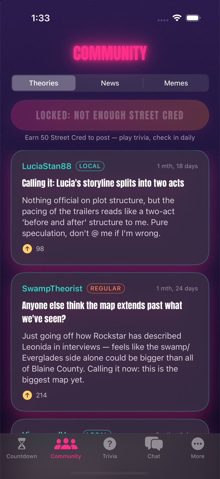 Community screen with fan posts